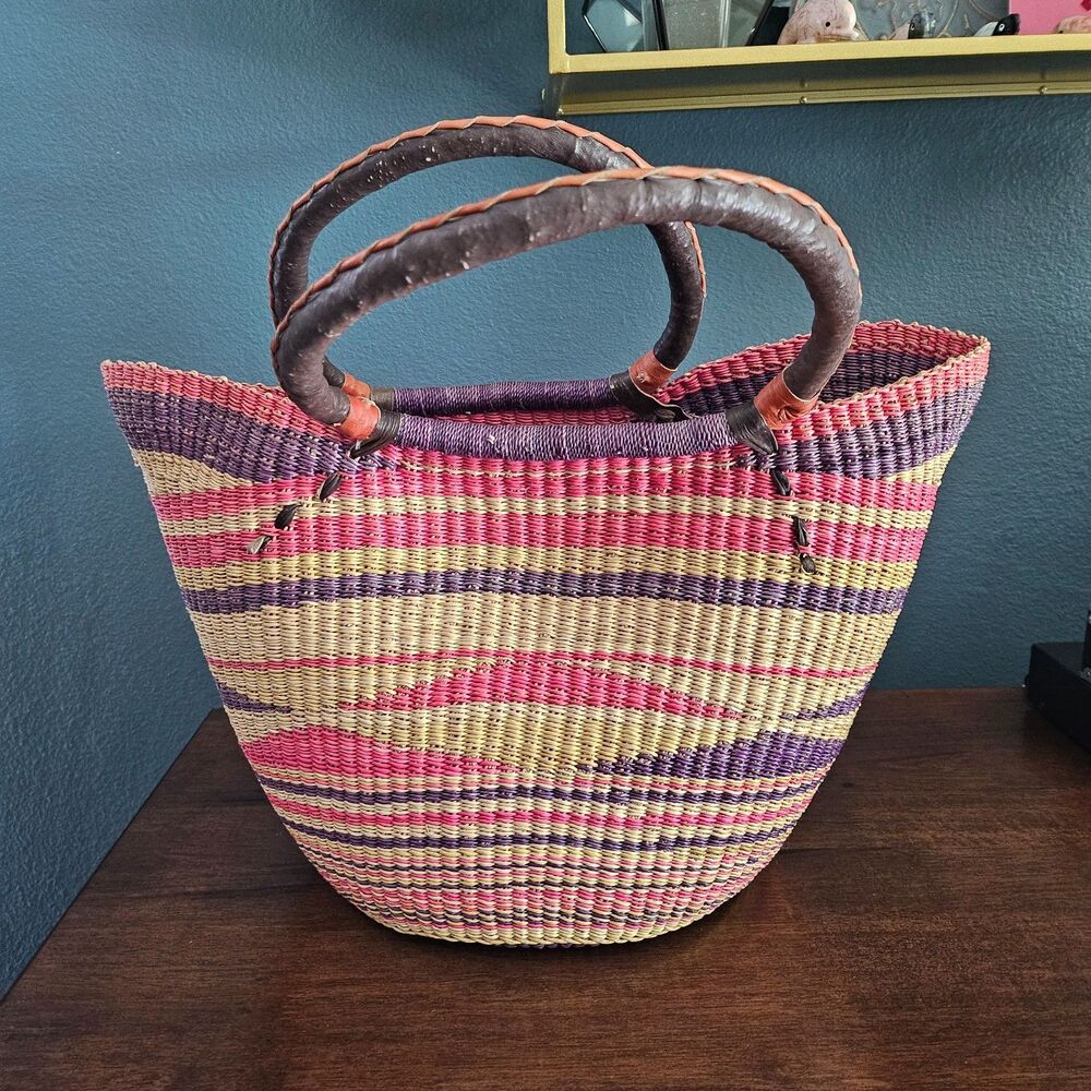 Handmade African Alaffia Ghana Bongo Market Basket Woven Tote Double Handles